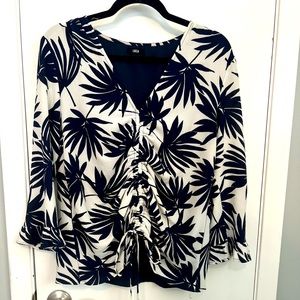 Lucca Couture Revolve Blouse Navy & White 3/4” Sleeves, V-neck, and Tunnel Tie